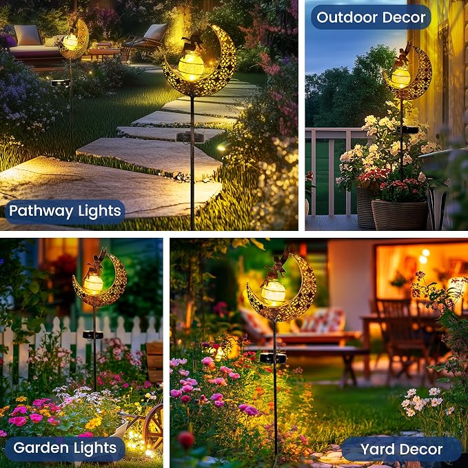 Fairy Garden Solar Lights Outdoor Decor, Moon Garden Stakes, Waterproof Outdoor Metal Decorations Gifts for Women and Mom, Art Moon Sculpture for Walkway, Yard, Patio, Garden and Porch, 2 Pack