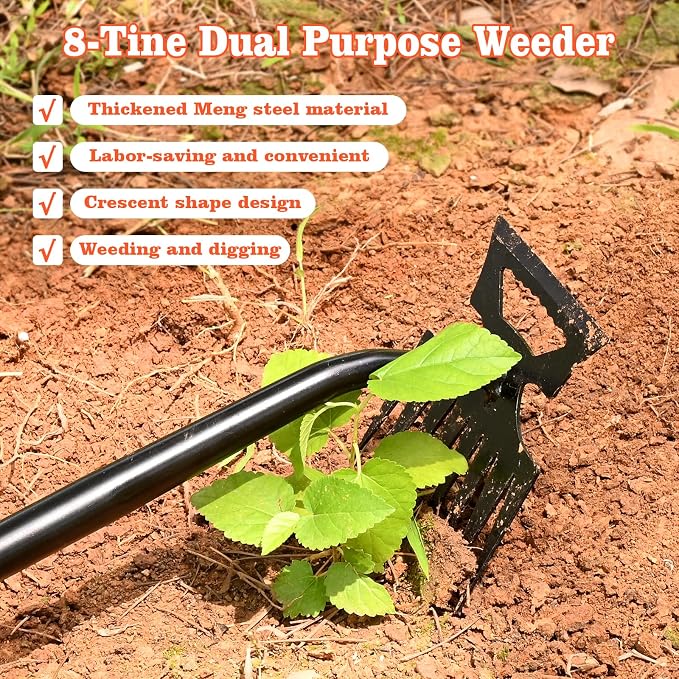 BokingOne Portable Weed Removal Tool - 8-Prong Manganese Steel with Black Baked Rust-Proof Coating for Garden Lawn Farm, Non-Slip Rubber Handle