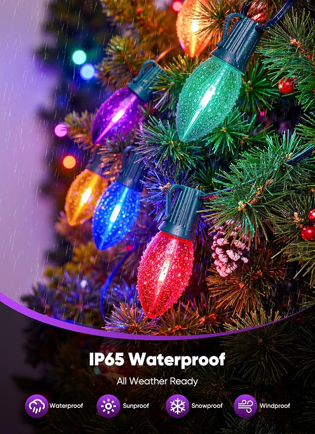 Vintage C9 LED Christmas Lights Outdoor, 100 Ft C9 String with 100 Shatterproof Colorful Bulbs, Waterproof Connectable Christmas Tree Lights for Roofline Holiday Garden Party Xmas Decorations