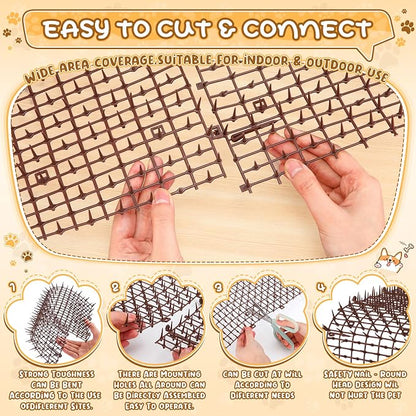 Sanwuta 2 Pcs 26.3 ft Cat Spike Mat Outdoor Cat Deterrent Mat with Spikes Prickle Strips Indoor Dog Digging Deterrent Anti Network Spikes with 10 Staples for Garden Fence(Brown)