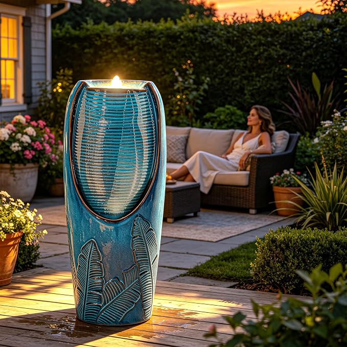 Autodaya 33" H Ceramic Jar Outdoor Water Fountain, Banana Leaf-Texture | Artisan High-Fired Glaze, Warm Ambient LED Lighting, Upgraded Pump, Soothing Cascading Water Feature For Garden Patio Yard