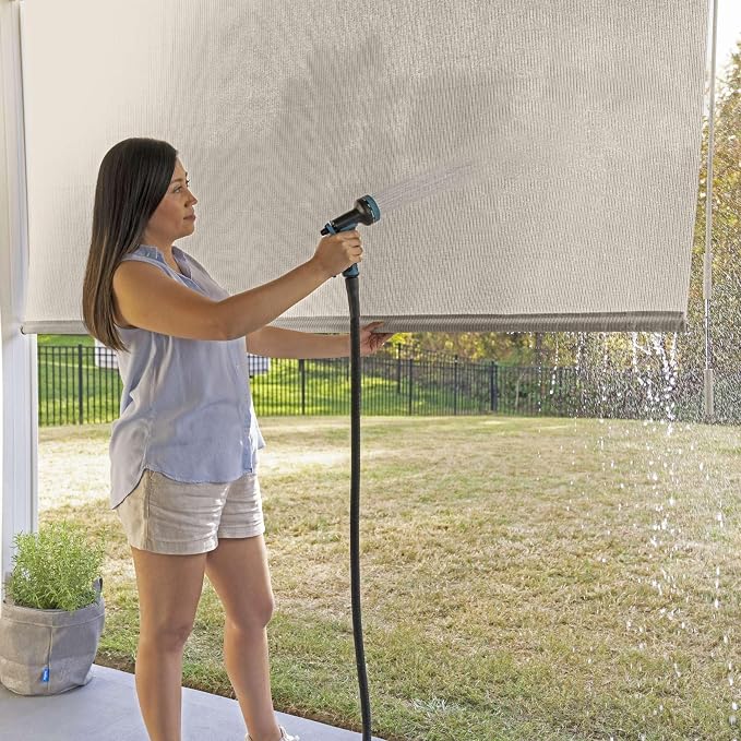 Coolaroo Outdoor Roller Shade with Wand - 95% UV Block Breathable Light Filtering Shade for Patio or Porch, Fade-Resistant, Easy-Clean Fabric, 8ft x 8ft, Pebble