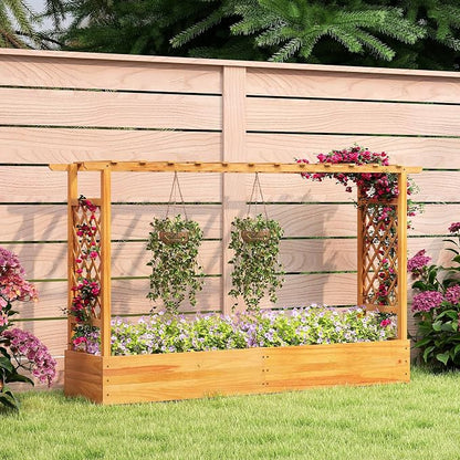 S AFSTAR 2 Pieces Wooden Raised Garden Bed with Trellis, 45" Elevated Planter Box with Hanging Roof & Open-Ended Base for Climbing Vine Flower Herb Vegetable, Outdoor Plant Container for Patio & Yard