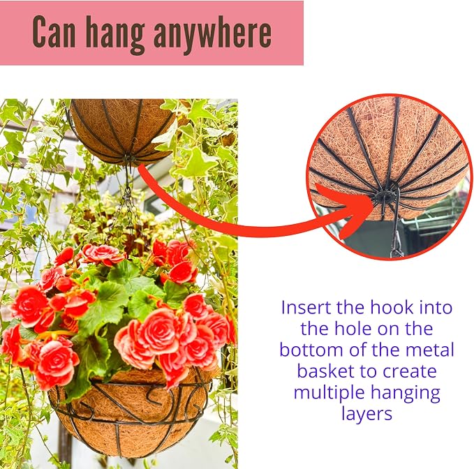 LaLaGreen Hanging Planter for Outdoor Plants (14 Inch, 2 Pack) Black Hanging Baskets with Coco Liner, Metal Wire Flower Basket Pots with Hook Hanger Balcony Porch Farmhouse Country Style Garden Decor