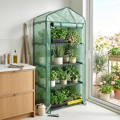 Worth Garden 4 Tier Mini Greenhouse - 63'' H x 27'' L x 19'' W - Sturdy Portable Gardening Shelves with Durable PE Cover w/ Roll-Up Zipper Door- Small Green House Indoor & Outdoor for Plants Flowers