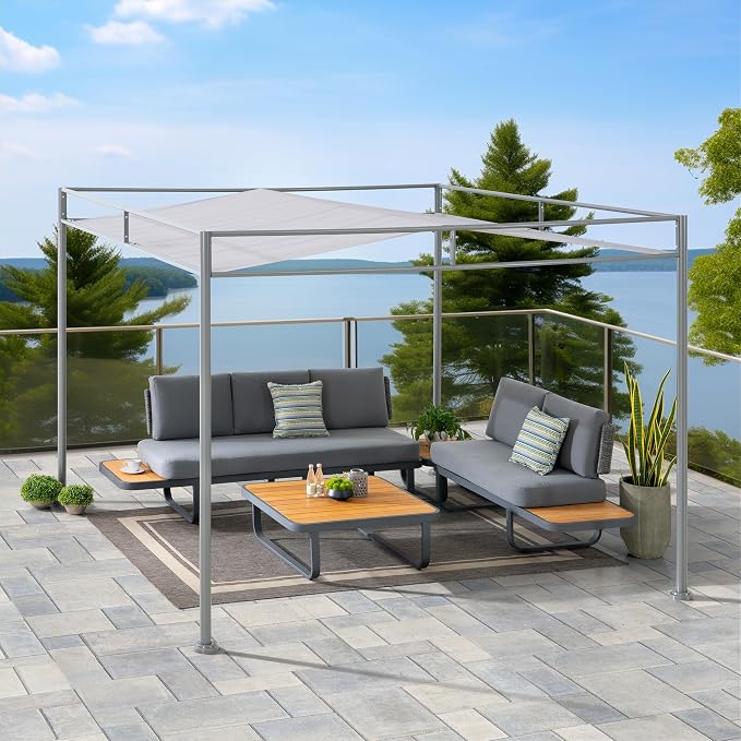 SUNJOY 10' x 10' Outdoor Pergola, Darkeford Metal Pergola with Grey Sling Fabric Sun Shade Canopy for Outdoor Patio, Garden,Yard, Deck, Entertaining