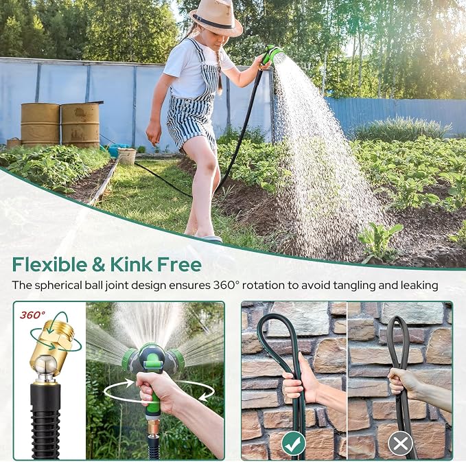 HOMEIDEAS 75 ft Rubber Garden Hose with Nozzle - Newly Leak-proof & Kink-free Design | Freely Rotational Spherical Ball Joint, Anticorrosive 3/4" Brass Fittings - Perfect for Outdoor Watering