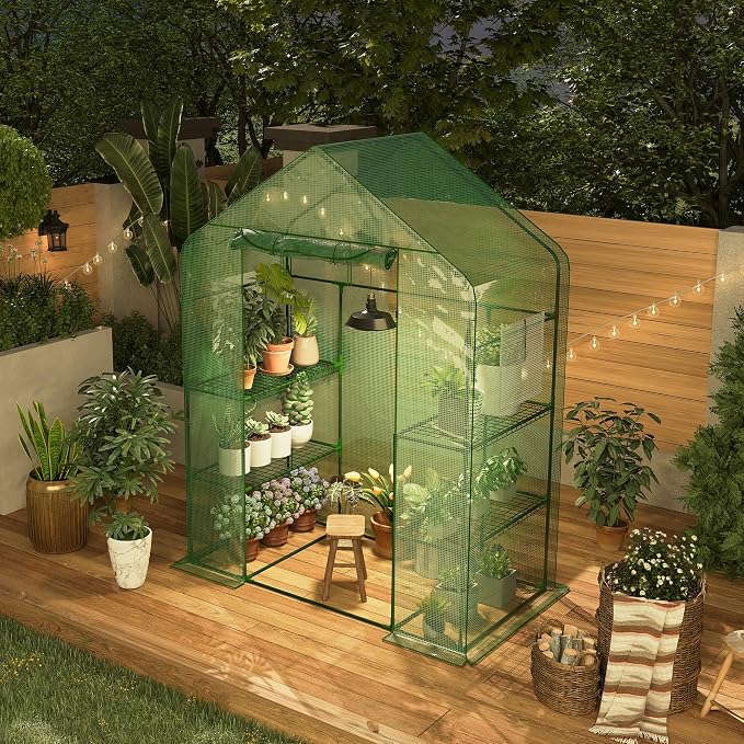 Garvee 57X29x77-Inch Greenhouse, Transparent Mini Walk-in Green House with PE Cover and Anchor, Plant Garden Hot House 3 Tiers 4 Shelves for Indoor Backyard Outside