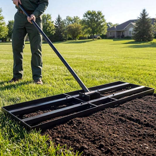 Lawn Leveling Rake - 35 x 10 Large Rake for Soil, Heavy Duty Yard Leveling Rake, 6.5FT Long Handle, 2mm Thickened Stainless Steel Lawn Leveler, Wide Ground Leveling Tool for Dirt and Sand, with Gloves
