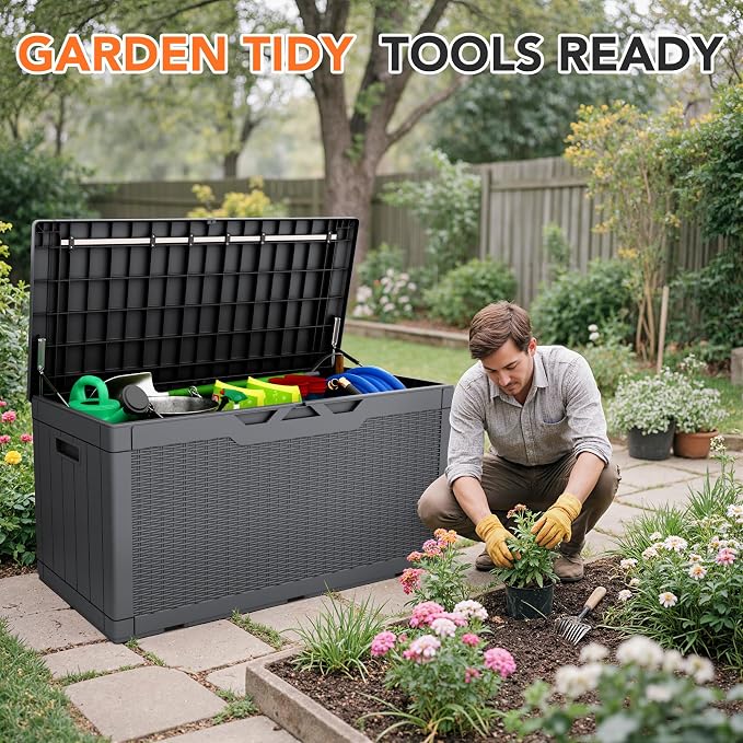 105 Gallon Deck Box Outdoor Indoor Waterproof Storage Box for Patio Furniture, Pool Accessories, Garden Tools, and Cushion Storage, Gray