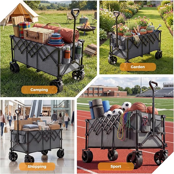 OLIXIS 49" Wagon Cart Collapsible 440lbs Foldable Extra Long Heavy Duty Utility Wagon with Wheels, Portable Storage Grocery Cart for Camping, Shopping, Sports, Beach, Garden, Grey