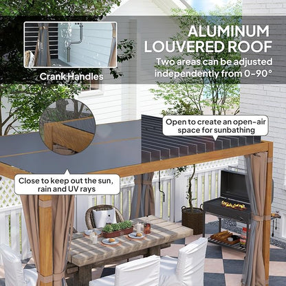 Outsunny 10' x 13' Louvered Pergola Hardtop Gazebo with Adjustable Aluminum Roof and Frame, Outdoor Pergola with Curtains and Netting, for Garden, Lawn, Backyard, and Deck, Natural Wood