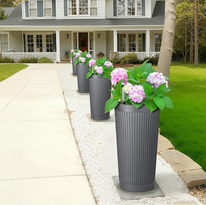 FENCY Self Watering Tall Planters Set of 2, Gray Round | 24 Inch, with Water Level Indicator& Spacious Reservoir, Plastic Tapered Pots, Weather-Resistant, Front Door Decor