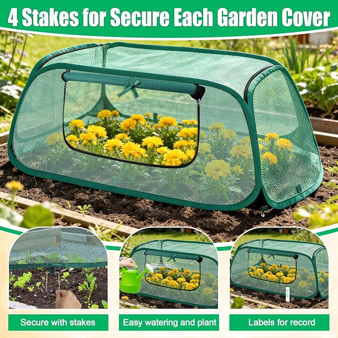 2 Pack Pop Up Garden Cover, 44" x 19" x 17" Foldable Pop-Up Mesh Plant Garden Bed Cover for Raised Beds for Vegetable, with 10 Labels/ 8 Stakes/ 2 Storage Bag/Gloves