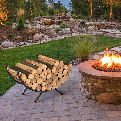 NANANARDOSO Curved Firewood Rack，24 inches Powder-coated Metal Fireplace Log Holder for Firewood Storage，Ideal for Indoor and Outdoor Fireplaces Wood Storage，Black