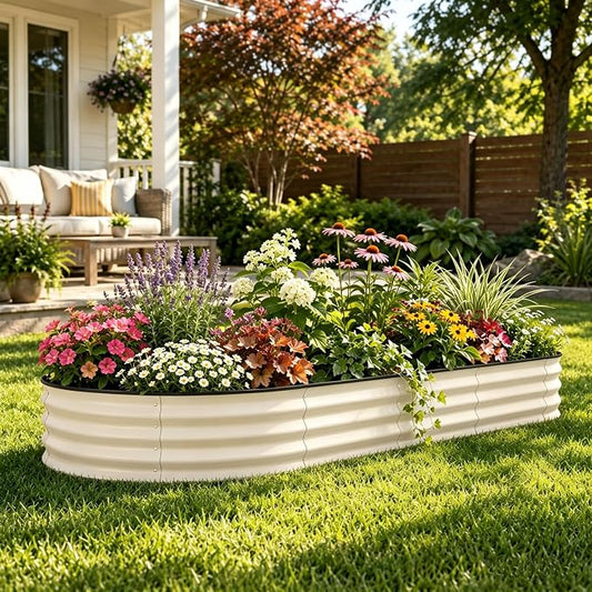 GarveeTech Oval Raised Garden Bed 6x3x2 ft - 0.6mm Thick Metal Raised Bed, Rust & Corrosion Resistant, Open Bottom for Drainage, Anti-Cut Strip Included, for Vegetables Flowers Planting, Beige
