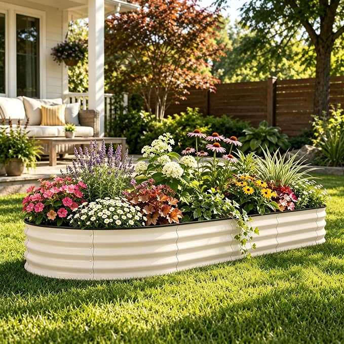 GarveeTech Oval Raised Garden Bed 8x2x1.5 ft - 0.6mm Thick Metal Raised Bed, Rust & Corrosion Resistant, Open Bottom for Drainage, Anti-Cut Strip Included, for Vegetables Flowers Planting, Beige