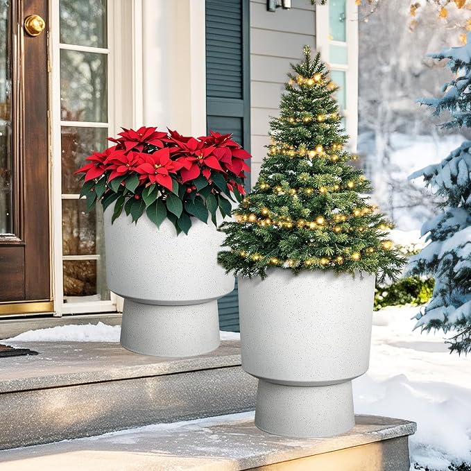 2-Pack 16.75" White Terrazzo Urn Planters with Detachable Bases | Set of 2 PP urn planters with white terrazzo finish, detachable bases, drainage plugs, and UV-treated surface for porch