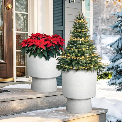 2-Pack 16.75" White Terrazzo Urn Planters with Detachable Bases | Set of 2 PP urn planters with white terrazzo finish, detachable bases, drainage plugs, and UV-treated surface for porch
