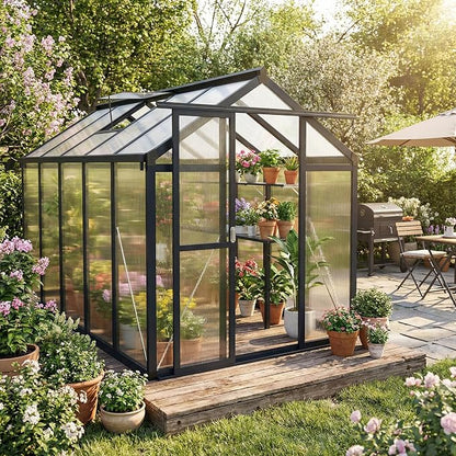 Garvee 6x10ft Walk-in Greenhouse, Heavy Duty Large Outdoor Green House | Polycarbonate Garden Greenhouse with Roof Vent, Lockable Smooth-Gliding Sliding Door & Aluminium Frame for Backyard, Grey