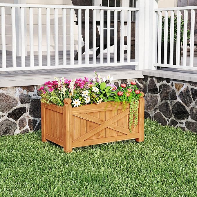 HAPPYGRILL Wooden Raised Garden Bed, Solid Wood Gardening Plant Container w/Drainage Holes for Flower Vegetable Fruit, Outdoor Elevated Planter Box for Patio Garden Yard Balcony (25”x 16”x 15”)