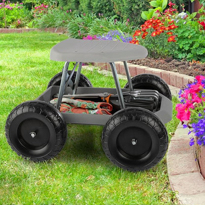 Gardening Stool - Rolling Garden Seat with Wheels and Storage Tool Tray - Garden Cart Scooter - Yard Tools by Pure Garden (Gray)