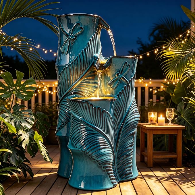 Autodaya Ceramic Outdoor Water Fountain with Lights, Turquoise Bamboo-Style | 3-Tier Cascading Waterfall, Natural Water Feature with Tropical Leaf, Dragonfly Texture, Soothing Oasis for Garden Patio Yard