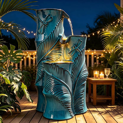 Autodaya Ceramic Outdoor Water Fountain with Lights, Turquoise Bamboo-Style | 3-Tier Cascading Waterfall, Natural Water Feature with Tropical Leaf, Dragonfly Texture, Soothing Oasis for Garden Patio Yard