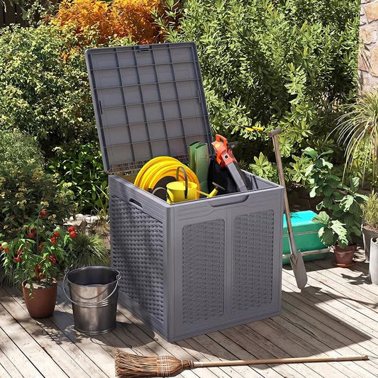 Tangkula 39 Gallon Outdoor Storage Box, Waterproof PP Resin Patio Storage Box with Lockable Lid for Indoor & Outdoor Use, Rattan Design Deck Box for Cushions, Garden Tools