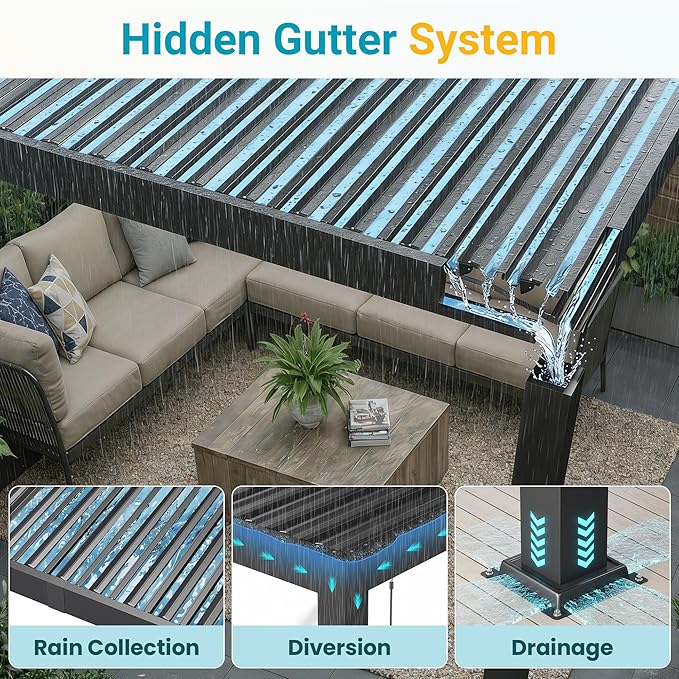 Louvered Pergola, 12' x 16' Outdoor Pergola, Aluminum Frame Patio Gazebo with Adjustable Louvers Roof and Integrated Gutter System, Outdoor Hardtop Gazebo for Patio, Backyard, Deck, Garden, Dark Gray