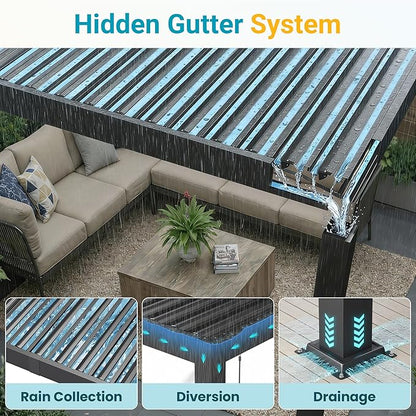 Louvered Pergola, 10' x 12' Outdoor Pergola, Aluminum Frame Patio Gazebo with Adjustable Louvers Roof and Integrated Gutter System, Outdoor Hardtop Gazebo for Patio, Backyard, Deck, Garden, Dark Gray