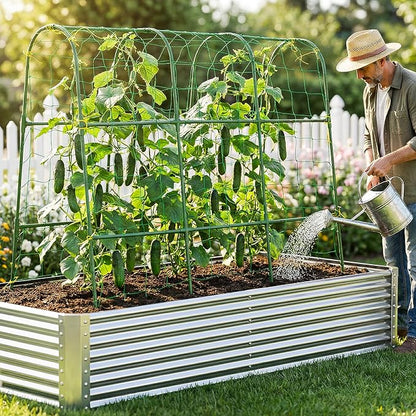 48x46 in U-Shape Cucumber Trellis for Climbing Plants Outdoors | Metal Arch Garden Trellis for Raised Garden Bed with Netting, Plant Support Structures for Vegetables, Grape, Tomato, Vines