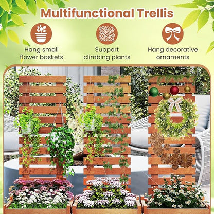 HAPPYGRILL Raised Garden Bed with Trellis, Outdoor Elevated Planter Box w/Trellis, Open-Ended, for Climbing Plant Vine Flower Vegetable, Freestanding Privacy Planters for Patio Yard, 16"x16"x48" (1)