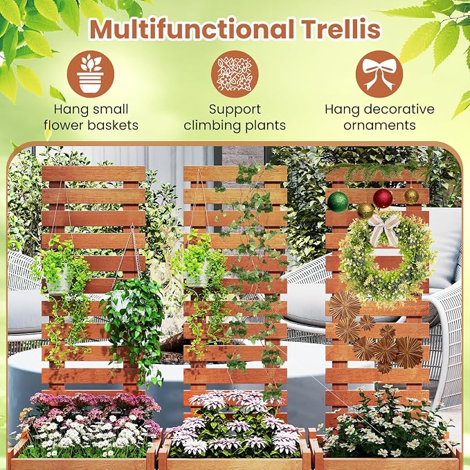 HAPPYGRILL Raised Garden Bed with Trellis, Outdoor Elevated Planter Box w/Trellis, Open-Ended, for Climbing Plant Vine Flower Vegetable, Freestanding Privacy Planters for Patio Yard, 16"x16"x48" (2)