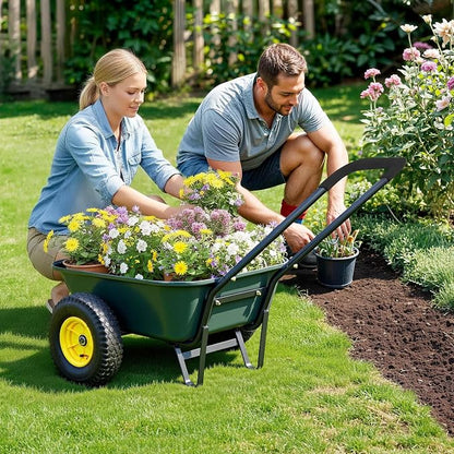 2 Wheel Wheelbarrow, Dual-Wheel Garden Dump Cart with 10" Non-Slip Pneumatic Tires & Ergonomic Padded Handle, Heavy-Duty Home Utility Yard Cart Wagon with 3 Cu Ft Capacity for Lawn, Gardening