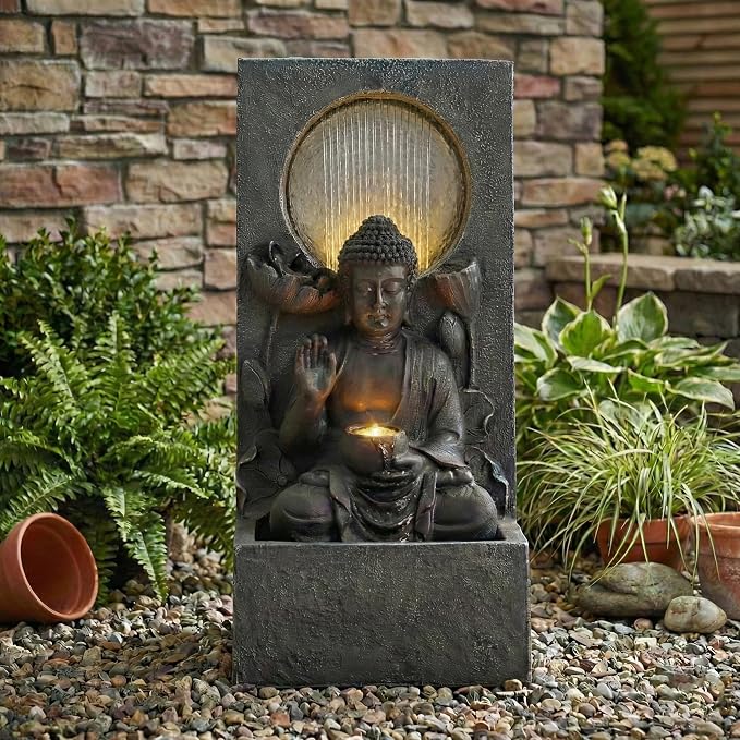 28" H Outdoor Buddha Waterfall Fountain, Freestanding Zen Style LED Water Feature with Relaxing Cascading Flow, Resin Asian Decor for Patio Garden Backyard Deck Home