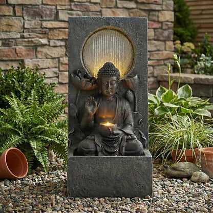 28" H Outdoor Buddha Waterfall Fountain, Freestanding Zen Style LED Water Feature with Relaxing Cascading Flow, Resin Asian Decor for Patio Garden Backyard Deck Home