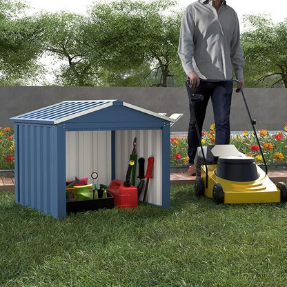 REEMOON 3x3 FT Metal Robot Mower Garage, Small Outdoor Shed, Blue | Open-front metal shelter for robot mowers, garden tools, trash bins, and small backyard equipment; assembly required.