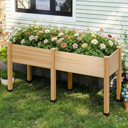 AMERLIFE Raised Garden Bed, 72x24x30 Inches Elevated Wood Planter Box with Legs, Bed Liner, Divider and Drainage System for Backyard, Patio, 300 lb Capacity - Light Wood