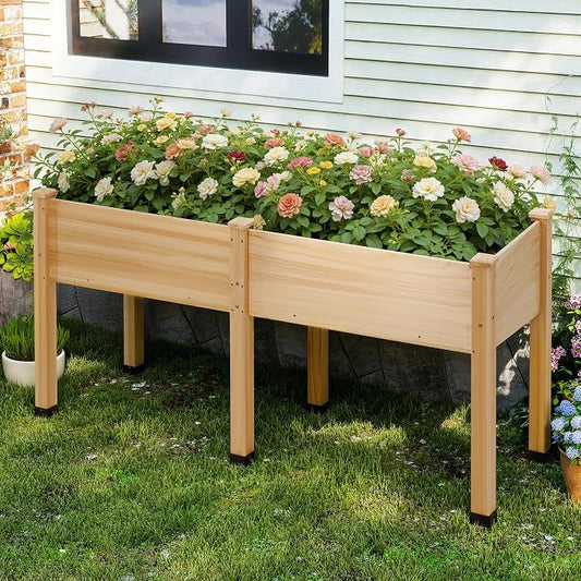 AMERLIFE Raised Garden Bed, 72x24x30 Inches Elevated Wood Planter Box with Legs, Bed Liner, Divider and Drainage System for Backyard, Patio, 300 lb Capacity - Light Wood