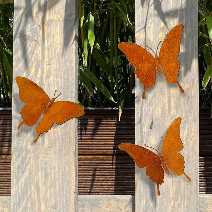Metal Butterfly Wall Decor Outdoor – Rustic Garden Decor for Fences, Patio & Indoor | Set of 3 Handcrafted Antique Butterfly Outdoor Garden Art
