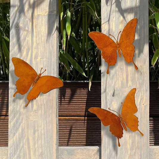 Metal Butterfly Wall Decor Outdoor – Rustic Garden Decor for Fences, Patio & Indoor | Set of 3 Handcrafted Antique Butterfly Outdoor Garden Art