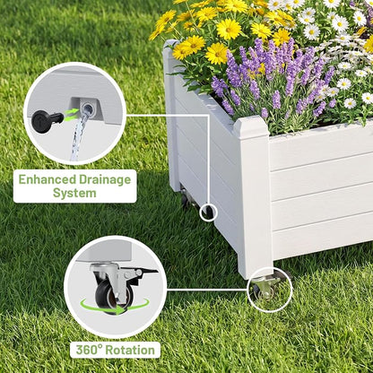 Fancyango Raised Garden Bed with Wheels 13.3" Hx2 -Ashen | Resin Elevated Garden Planter Box with Drainage, Outdoor Planter Box for Veggies Herbs Patio Balcony Backyard