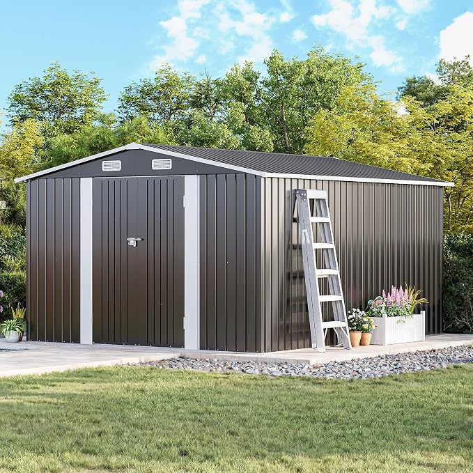 MXV 12 x 10FT Outdoor Storage Shed, Metal Garden Shed with Windows, Double Lockable Doors & Sloped Roof, Waterproof Tool Sheds for Backyard Garden Patio Lawn, Black