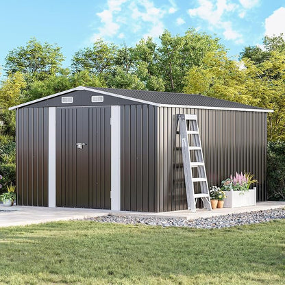 MXV 12 x 10FT Outdoor Storage Shed, Metal Garden Shed with Windows, Double Lockable Doors & Sloped Roof, Waterproof Tool Sheds for Backyard Garden Patio Lawn, Black