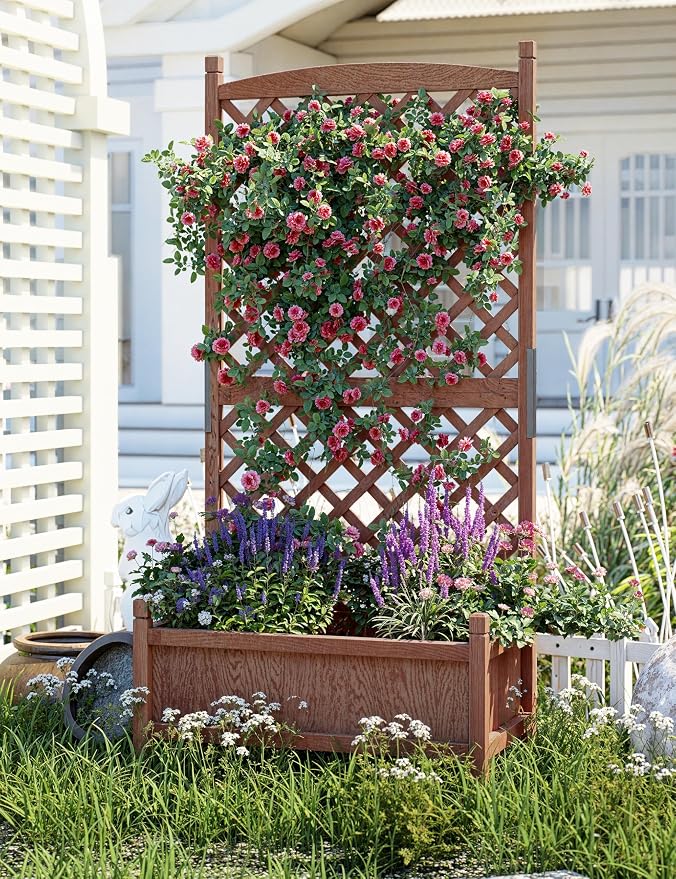 Wooden Raised Planter Box with Trellis and Wheels, 75x33x150Cm Privacy Screen Planter for Patio Garden