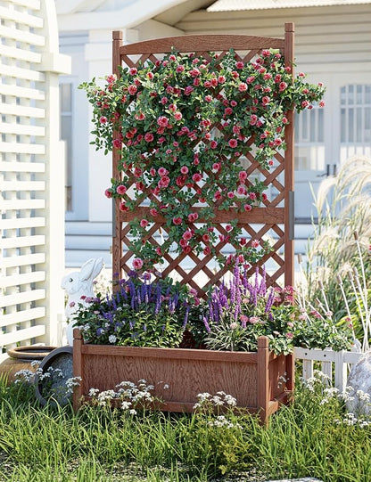 Wooden Raised Planter Box with Trellis and Wheels, 75x33x150Cm Privacy Screen Planter for Patio Garden