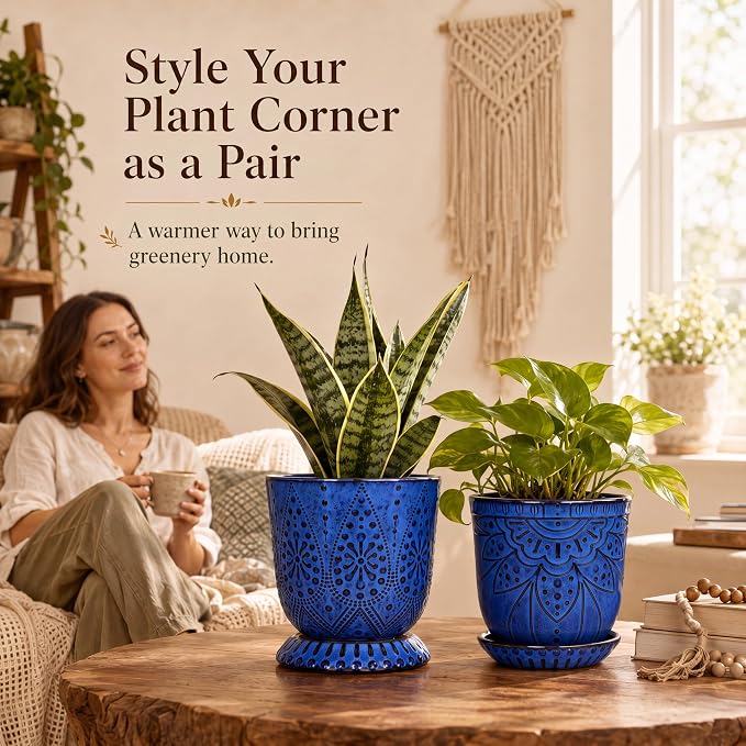 Gepege 6 Inch Beaded Ceramic Planter Set of 2 with Drainage Hole and Saucer for Plants, Indoor-Outdoor Large Round Succulent Orchid Flower Pot (Blue, for Inner-pots not Larger Than 5 Inch)