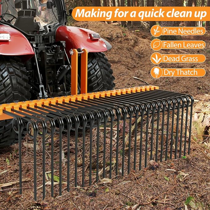 Garvee 72 Inch 3 Point Tractor Rake, Pine Straw Needle Rake | Steel Spring Landscape Rakes Durable Powder Coated Fit for Cat0,Cat1,Cat3 Tractors, Orange