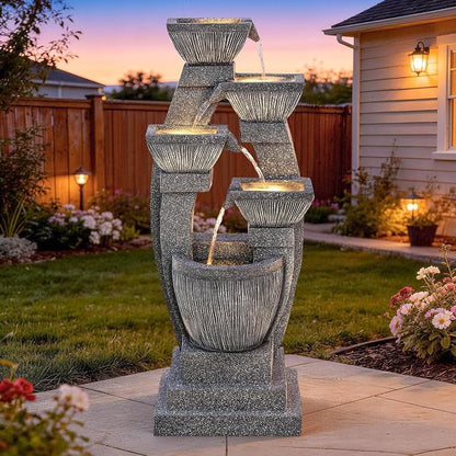 40.5" Outdoor Fountain LED 4-Bowl Cascading Waterfall, Gray | 4-pillar slate style, garden patio backyard porch